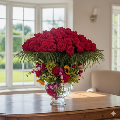 Arreglo de 70 rosas en cristal